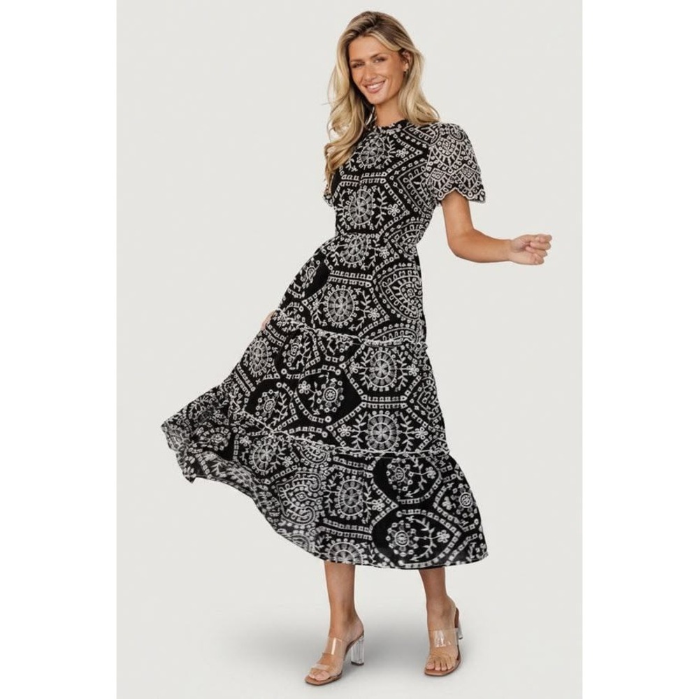 Baltic Born Mirabel Eyelet Midi Dress L Tiered Embroidered Cottagecore NWT